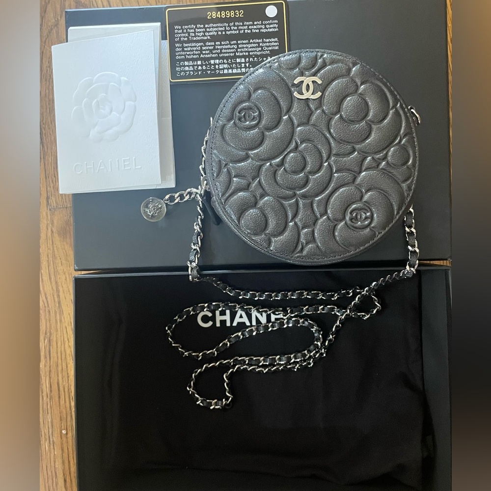 CHANEL Metallic Goatskin Camellia Embossed Clutch Bag Dark Grey round bag